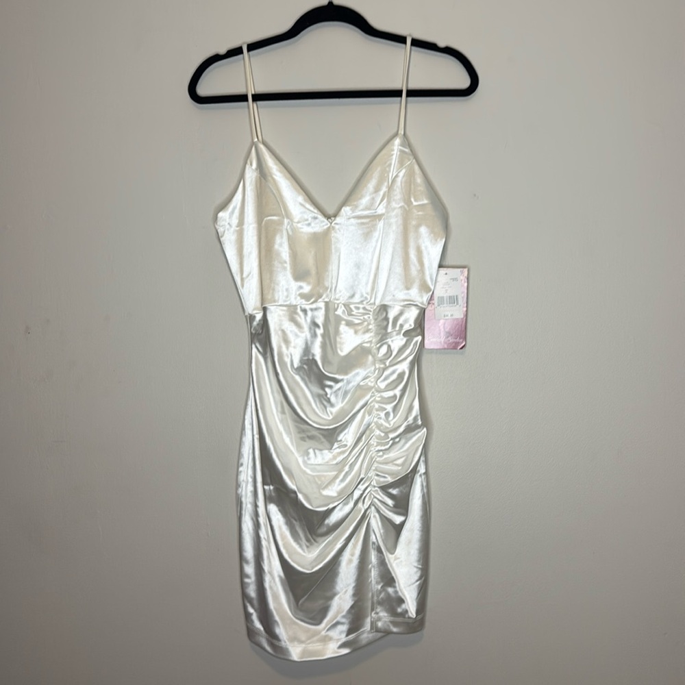 Emerald Sundae white ruched mini dress